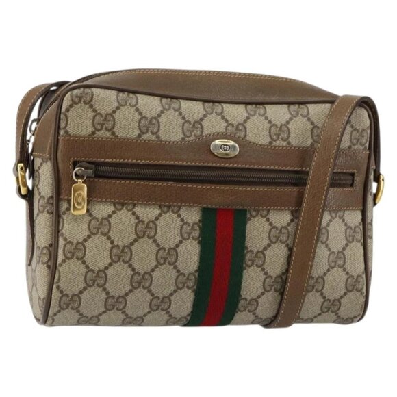 GUCCI GG Canvas Web Sherry Line Shoulder Bag PVC Leather Beige Red Auth 146142 - Picture 2 of 16